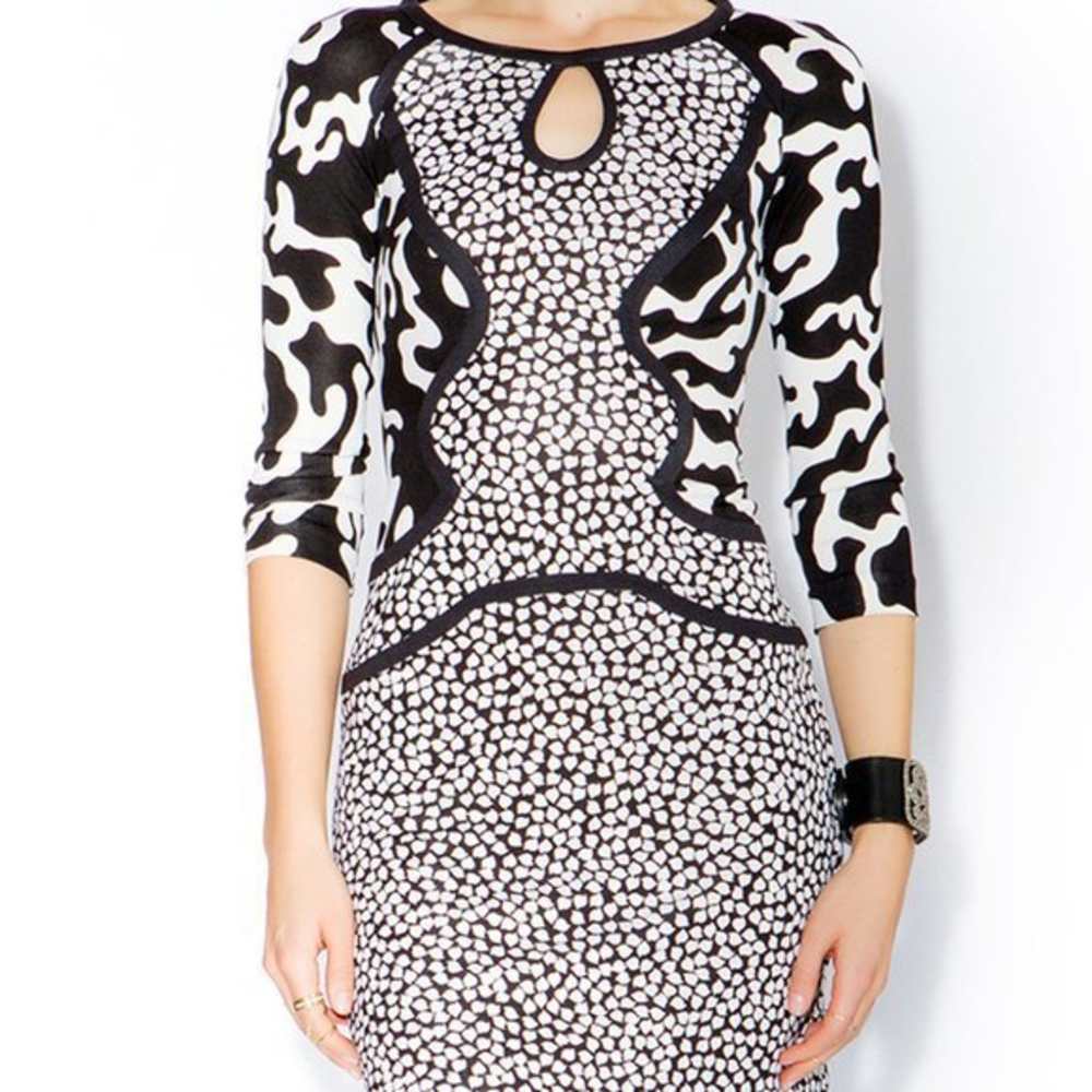 Diane von Furstenberg Black White Rose Heart Firebird Mosaic‎ Silk Mini Dress 8